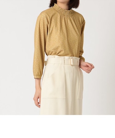 シャーリングネック ランダムドット 七分袖ブラウス