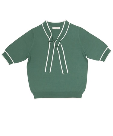 配色ボウタイ 五分袖 ニットプルオーバー