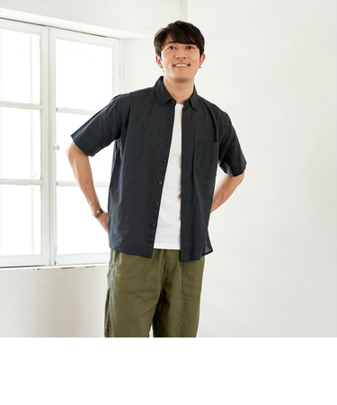 綿麻 ラウンドテール ボタンダウン 半袖カジュアルシャツ