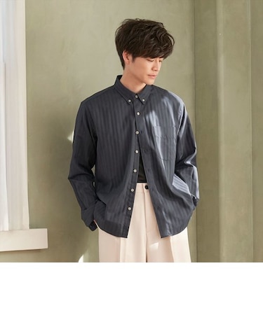 ラウンドテール ボタンダウン 長袖カジュアルシャツ