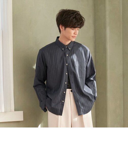 ラウンドテール ボタンダウン 長袖カジュアルシャツ
