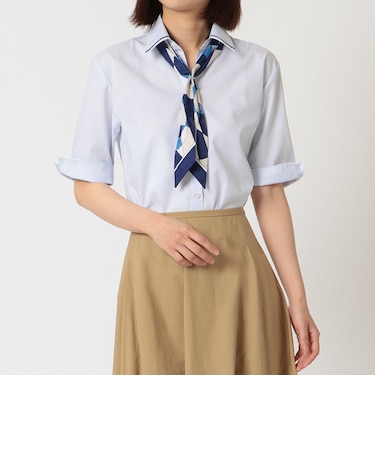 形態安定 スキッパー衿 五分袖レディースシャツ