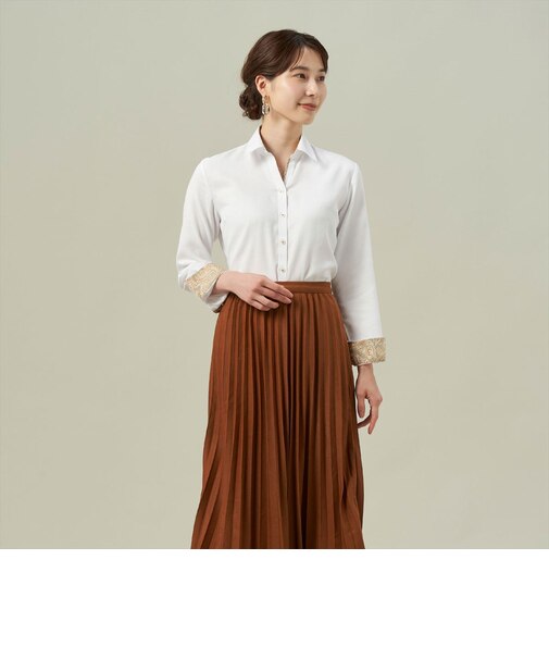 【透け防止】 形態安定 スキッパー衿 長袖 レディースシャツ