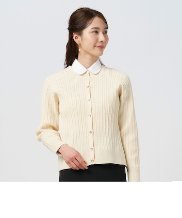 総ケーブルクルーネック ニットカーディガン