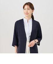 ジャケット ノーカラー 七分袖 ネイビー レディース