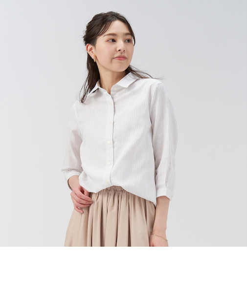 【Pitta Re:)】 Wガーゼ レギュラー衿 綿100％ 七分袖シャツ