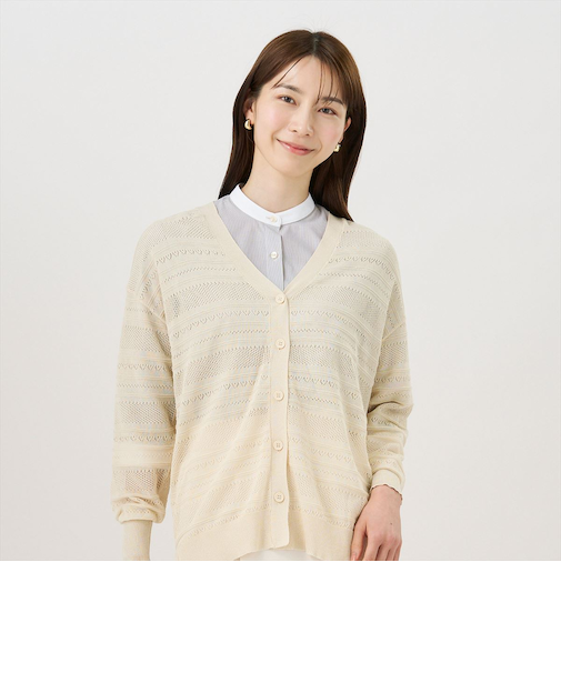 ニット 透かしVネックカーディガン アイボリー レディース