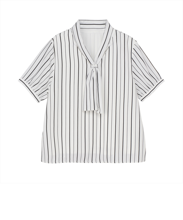 ブラウス 配色ボウタイ付き 五分袖 オフホワイト レディース