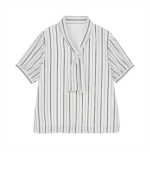 ブラウス 配色ボウタイ付き 五分袖 オフホワイト レディース