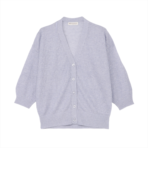 ニット シャイニーシア梨地Vネックカーディガン サックス レディース