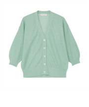 ニット シャイニーシア梨地Vネックカーディガン グリーン レディース