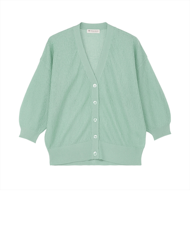 ニット シャイニーシア梨地Vネックカーディガン グリーン レディース