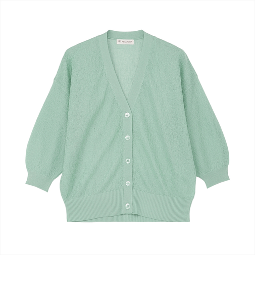 ニット シャイニーシア梨地Vネックカーディガン グリーン レディース