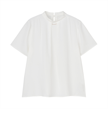 ブラウス ハイネック前タック 半袖 オフホワイト レディース