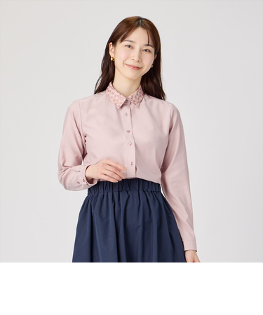 レギュラー 長袖 形態安定 レディースシャツ 刺繍襟