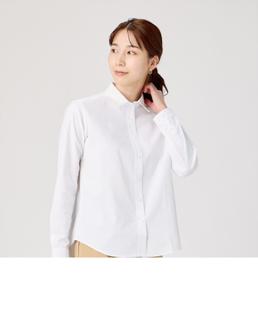 【透け防止】 レギュラー 長袖 形態安定 レディースシャツ 刺繍襟