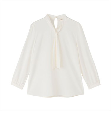 シルキーサテン ボウタイパールブラウス 長袖 レディース