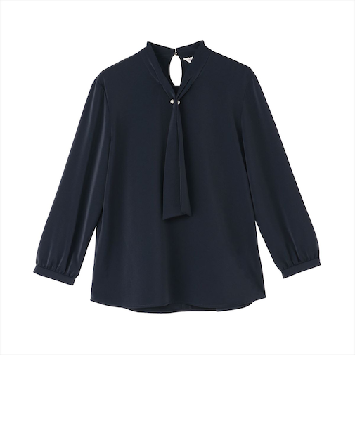 シルキーサテン ボウタイパールブラウス 長袖 レディース