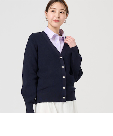 畔編みVネック ニットカーディガン レディース