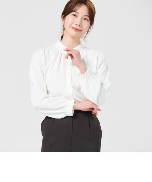 パウダーサテンバンドフリルブラウス 長袖 レディース