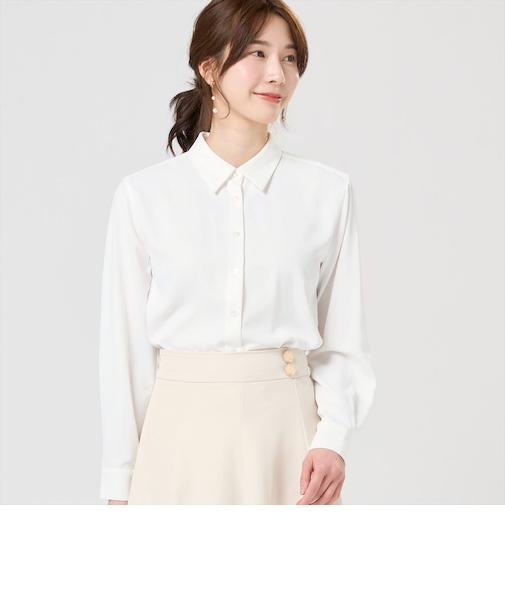 パウダーサテン シャツカラーブラウス 長袖 レディース