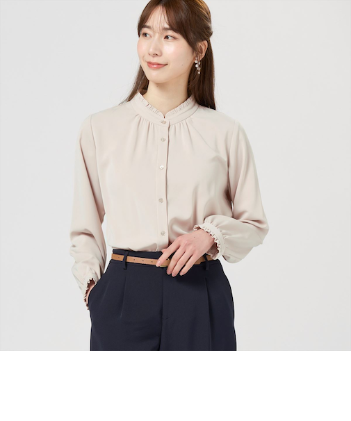 パウダーサテンバンドフリルブラウス 長袖 レディース