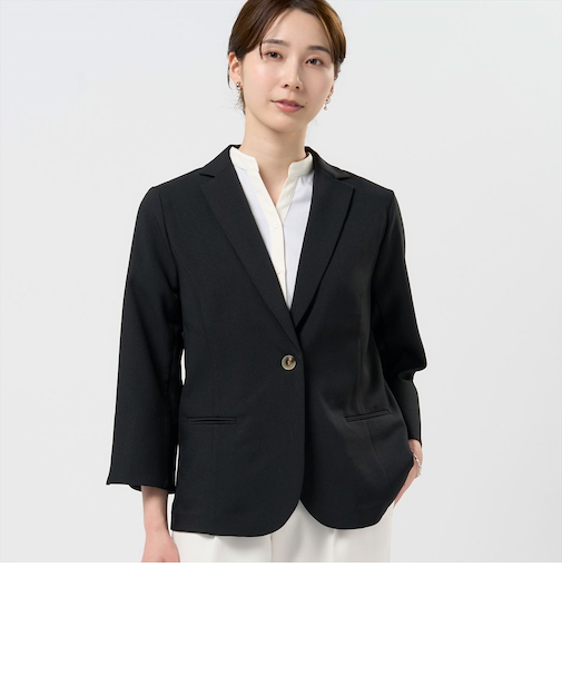 麻調合繊ジャケット 七分袖 ブラック レディース
