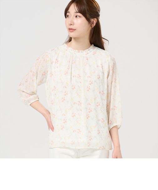 ボタニカル柄シフォンブラウス 七分袖 レディース