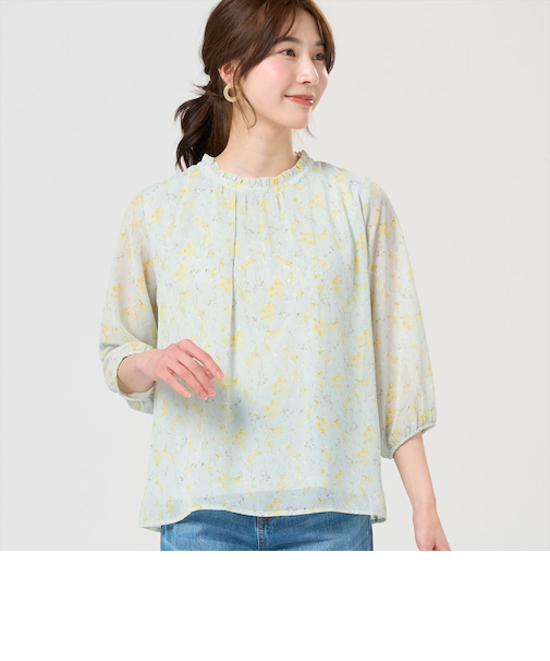 ボタニカル柄シフォンブラウス 七分袖 レディース
