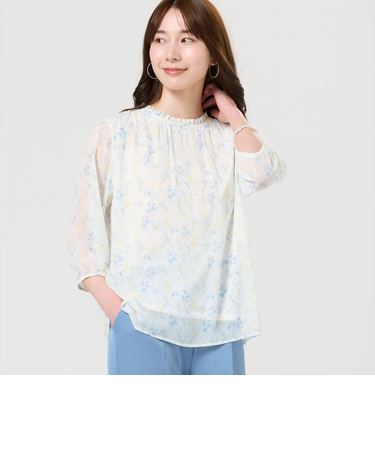 ボタニカル柄シフォンブラウス 七分袖 レディース