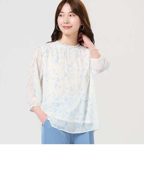 ボタニカル柄シフォンブラウス 七分袖 レディース