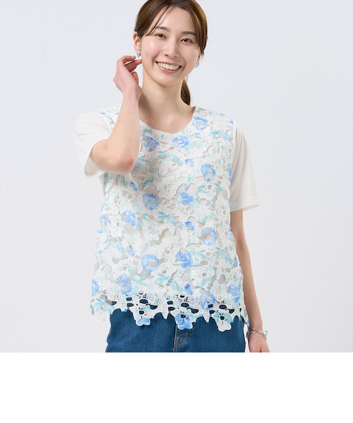 花柄レースプルオーバー 半袖 レディース