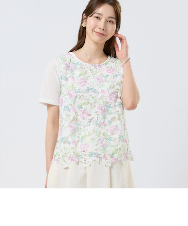 花柄レースプルオーバー 半袖 レディース