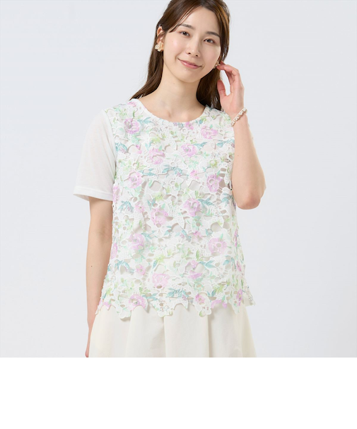 花柄レースプルオーバー 半袖 レディース