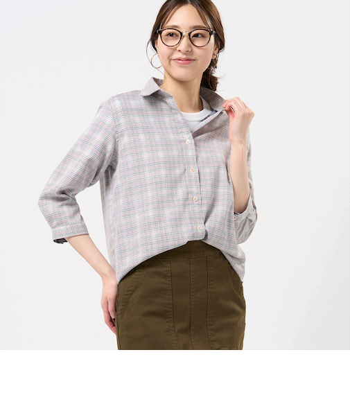 【Pitta Re:)】 カジュアルシャツ Wガーゼ 七分袖 綿100% レディース