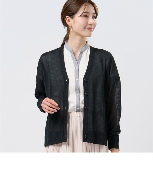 ニット さらさらシアー サイドスリット Vネックカーディガン レディース