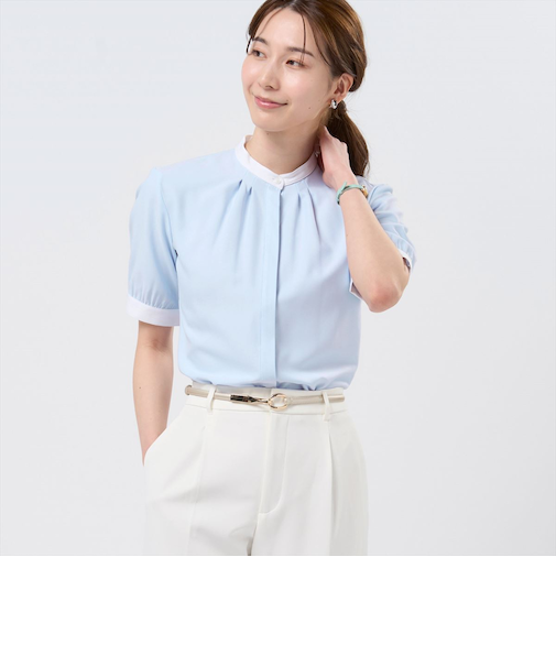 【COFREX】  配色 スタンド ギャザーブラウス 五分袖 レディースデザインシャツ