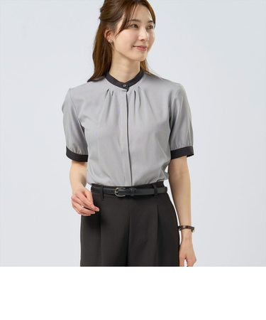 【COFREX】 配色 スタンド ギャザーブラウス 五分袖 レディースデザインシャツ