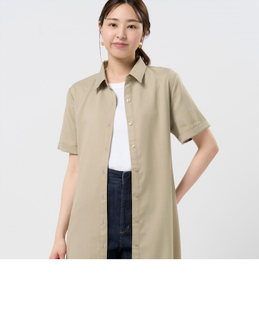 麻調合繊 シャツワンピース 五分袖 レディース
