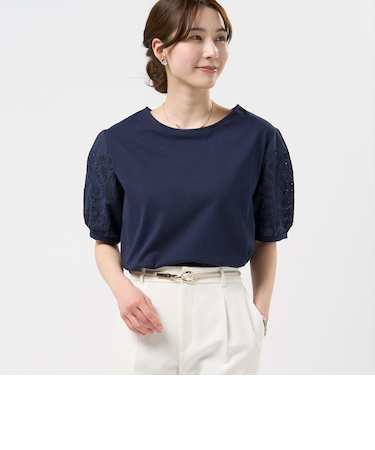 袖刺繍ブラウス 半袖 レディース