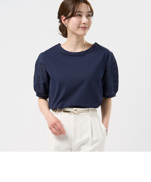 袖刺繍ブラウス 半袖 レディース