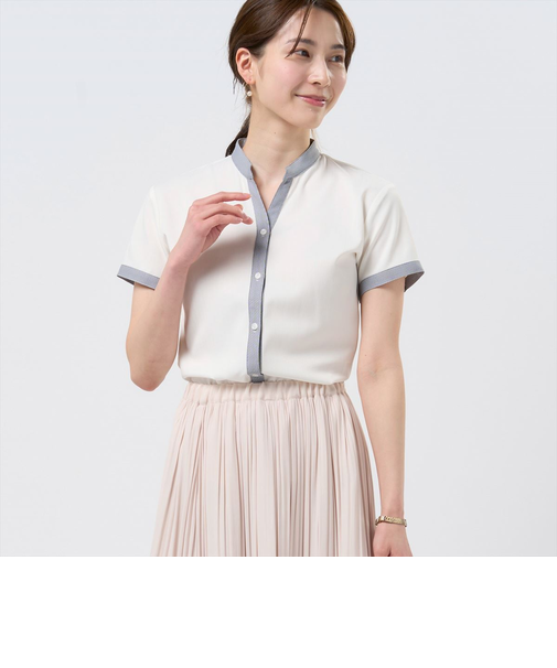 【COFREX】  配色スキッパーブラウス 半袖 レディースデザインシャツ