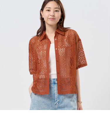 クロシェ風 レースシャツブラウス 五分袖 レディース