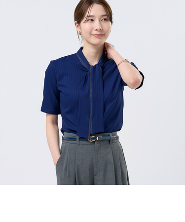 【COFREX】  配色ボウタイブラウス 五分袖 レディースデザインシャツ