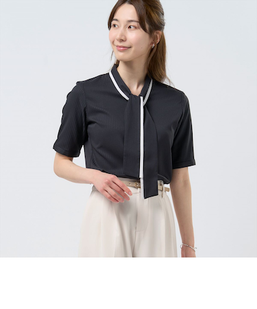 【COFREX】  配色ボウタイブラウス 五分袖 レディースデザインシャツ