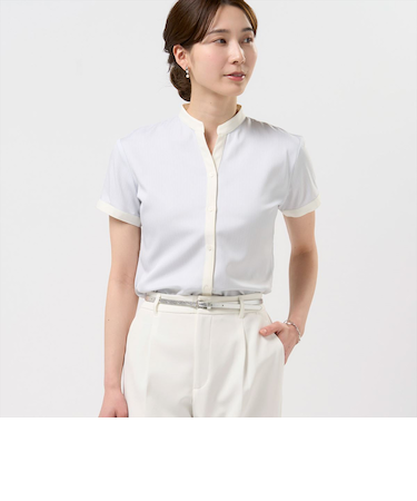 【COFREX】  配色スキッパーブラウス 半袖 レディースデザインシャツ