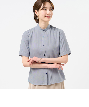 【COFREX】  スタンド ピンタックブラウス 五分袖 レディースデザインシャツ