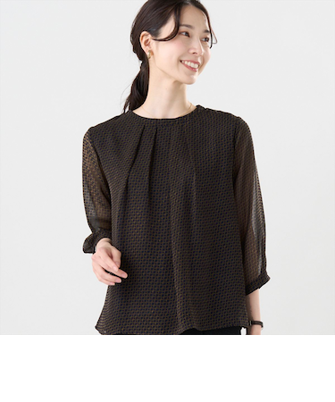 幾何学柄 シフォンブラウス 七分袖 レディース