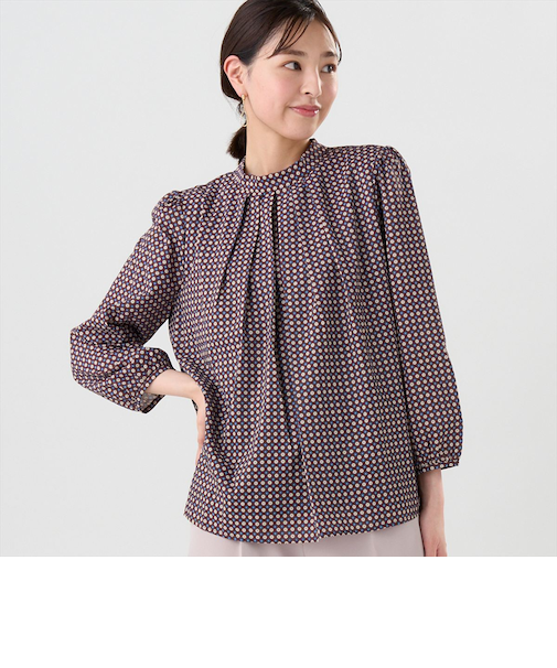 スタンドタック プリントブラウス 長袖 レディース