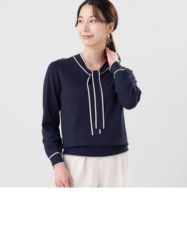 ニット 配色ボウタイ プルオーバー 長袖 レディース